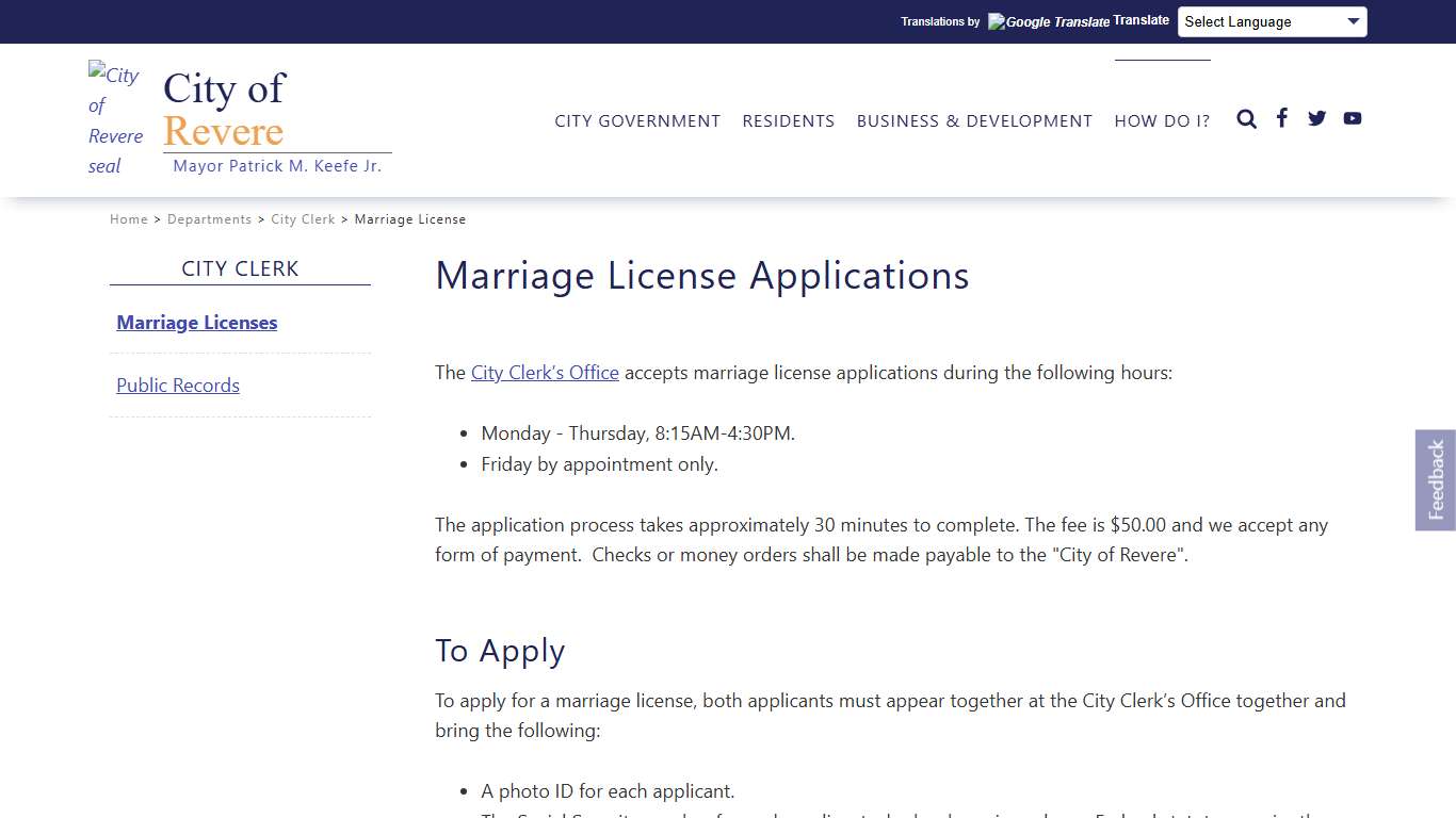 Marriage License Applications - City of Revere, Massachusetts