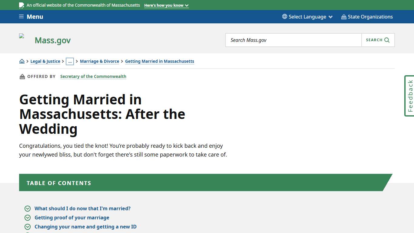 Getting Married in Massachusetts: After the Wedding Mass.gov
